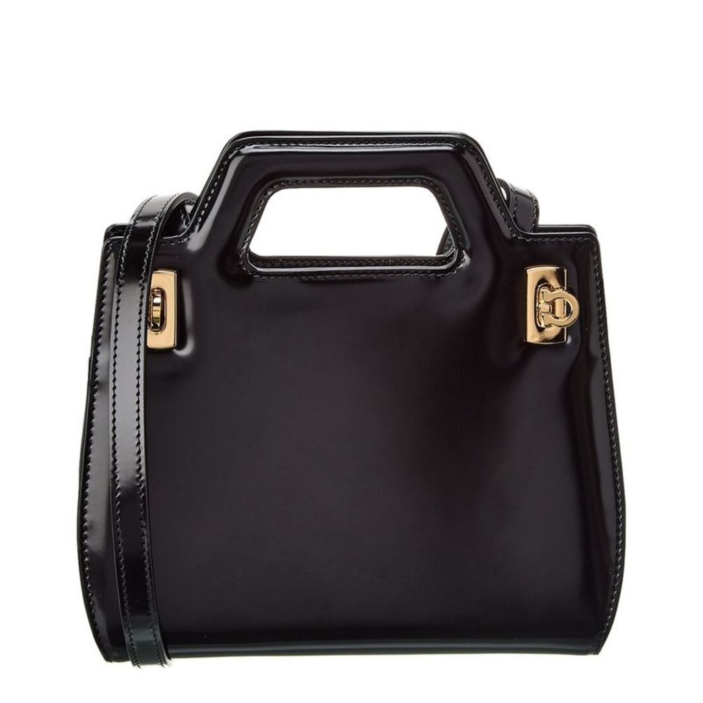Black Patent Leather Top-Handle Bag with Gold Hardware